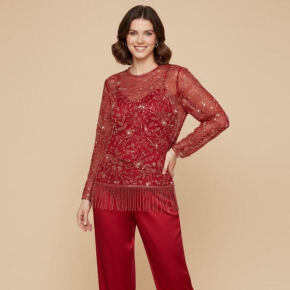 Vintage Tops - Vintage 70s Jack Bryan Beaded Sheer Silk Tunic Top Cherry Red Evening Holiday